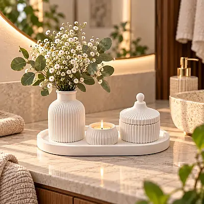 4lü Dekoratif Çizgili Set Mumluk ve Tepsili ÇSET1