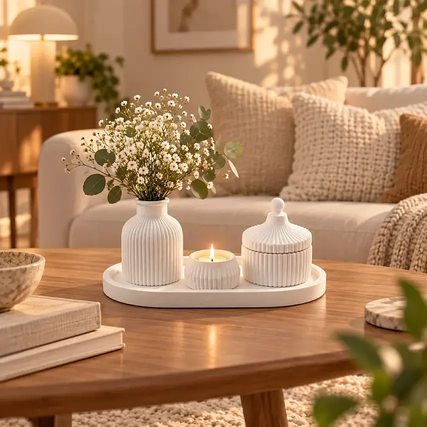 4lü Dekoratif Çizgili Set Mumluk ve Tepsili ÇSET1 - 2
