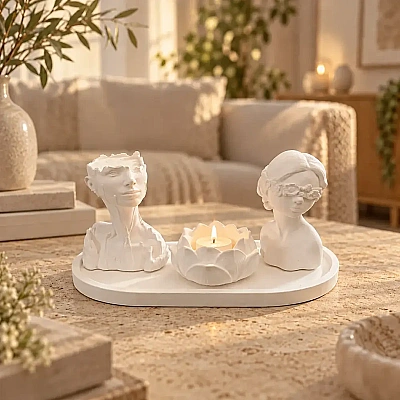 4lü Dekoratif İnsan Figürlü Set Lotus Mumluk ve Tepsi