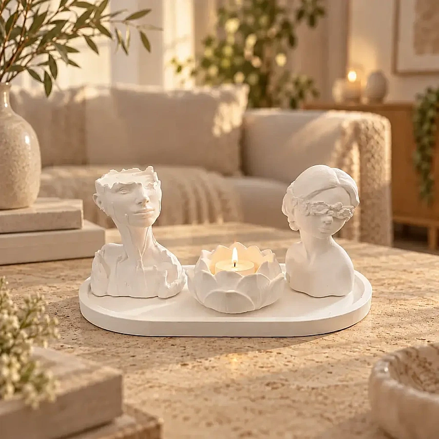 4lü Dekoratif İnsan Figürlü Set Lotus Mumluk ve Tepsi - 1