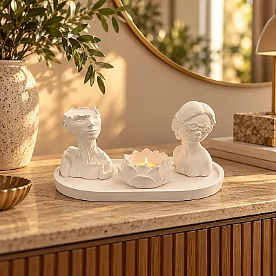4lü Dekoratif İnsan Figürlü Set Lotus Mumluk ve Tepsi - 2
