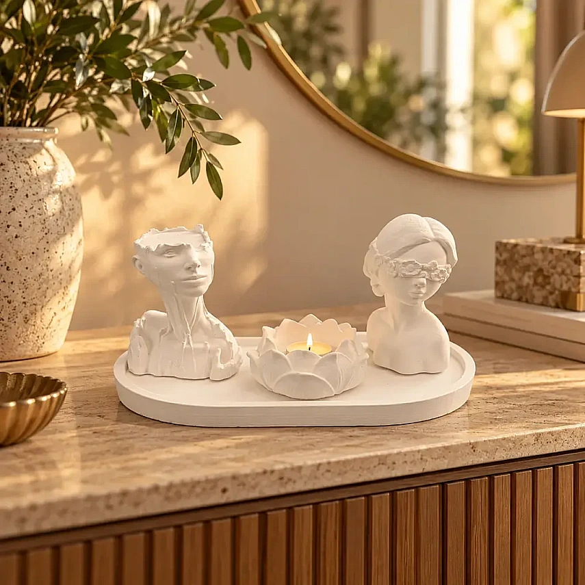 4lü Dekoratif İnsan Figürlü Set Lotus Mumluk ve Tepsi - 2