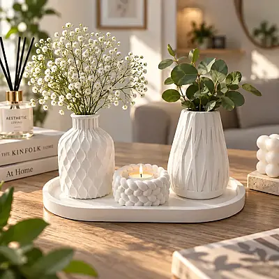 4lü Dekoratif Vazo Seti Mumluk ve Tepsili Modern Ev Dekoru (Çiçeksiz)