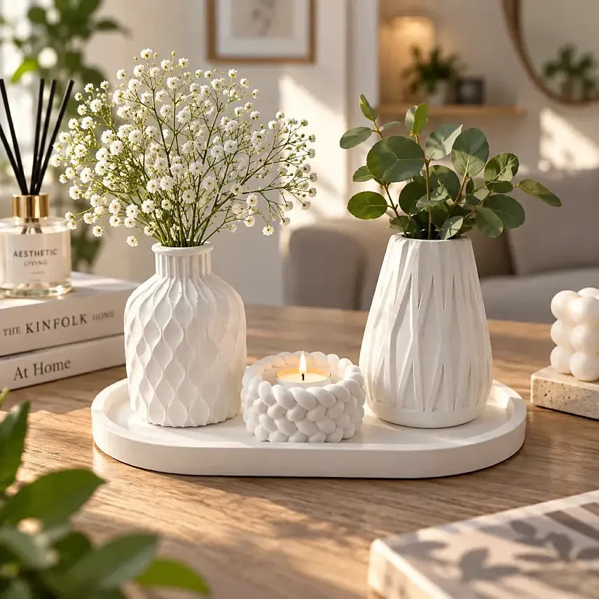 4lü Dekoratif Vazo Seti Mumluk ve Tepsili Modern Ev Dekoru (Çiçeksiz) - 1