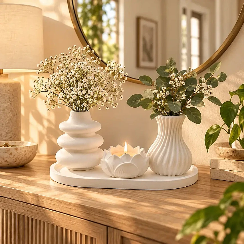 4lü Dekoratif Vazo Seti Mumluk ve Tepsili Modern Ev Dekoru YDC1 - 2